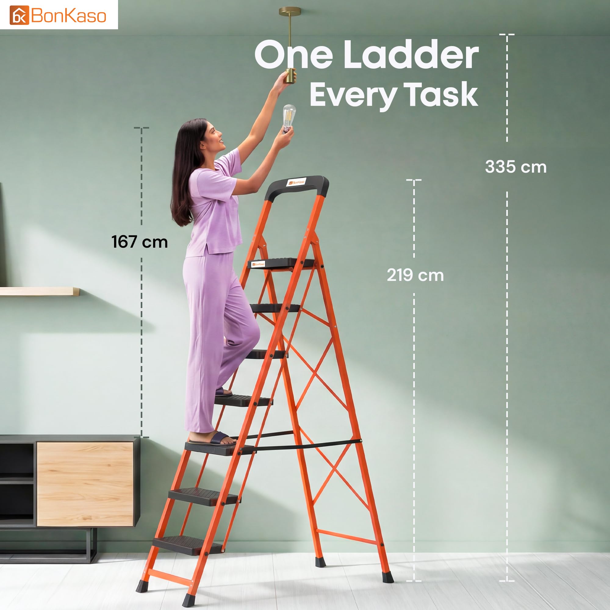 BonKaso Climb Easy 7 Step Foldable Steel Kitchen Ladder for Indoor & Outdoor use with Safety Clutch Lock, Anti-Slip Wide Durable Plastic Steps, Support Handle & Tool Tray (Orange & Black) — Amazon image 7