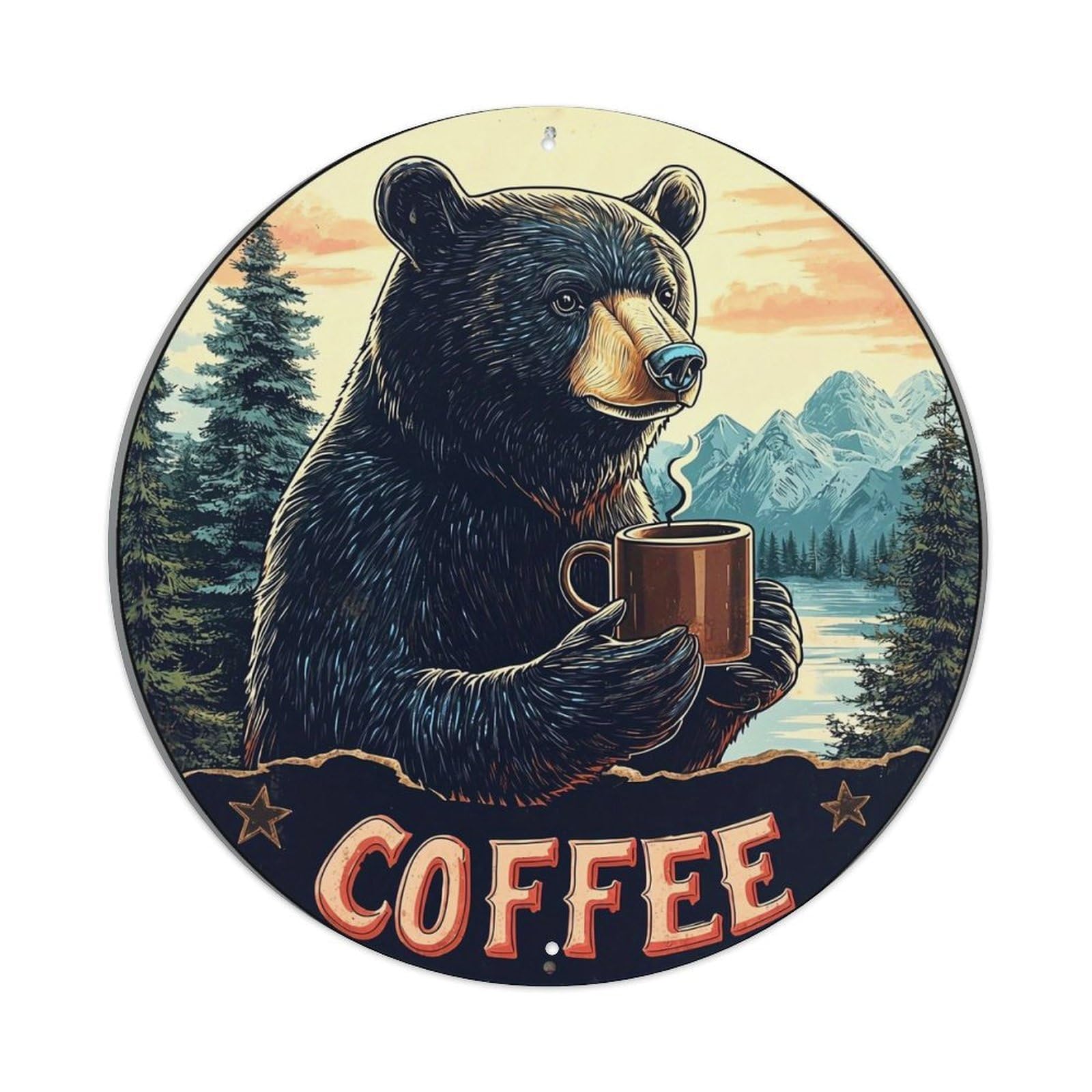 Bear Holding Coffee Mug Mountain Landscape Metal Tin Sign Plaque