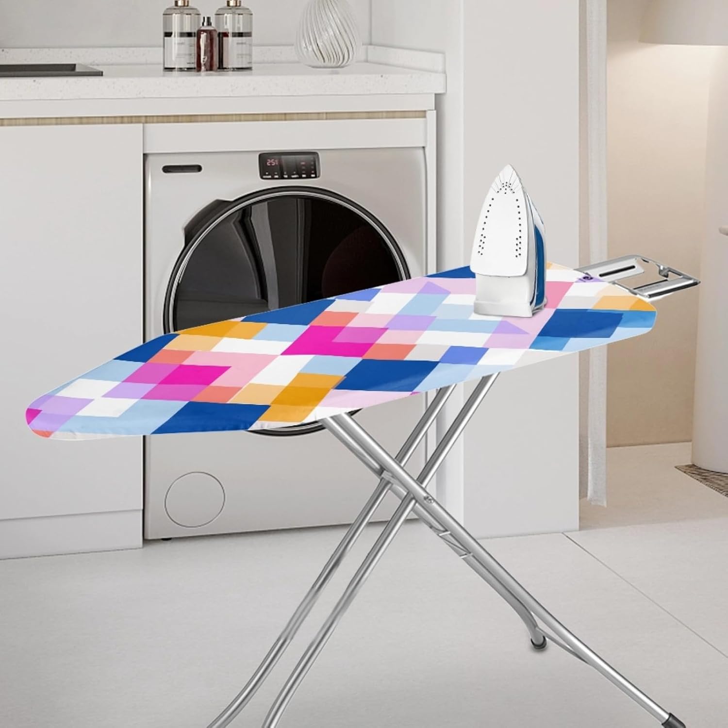 Large Ironing Board Cover and Pad 59x19 Blue Pink Iron Table Cover with Padding,Extra Wide,Resist Scorching and Staining,Heatproof,Adjustable Fastener Durable Stain