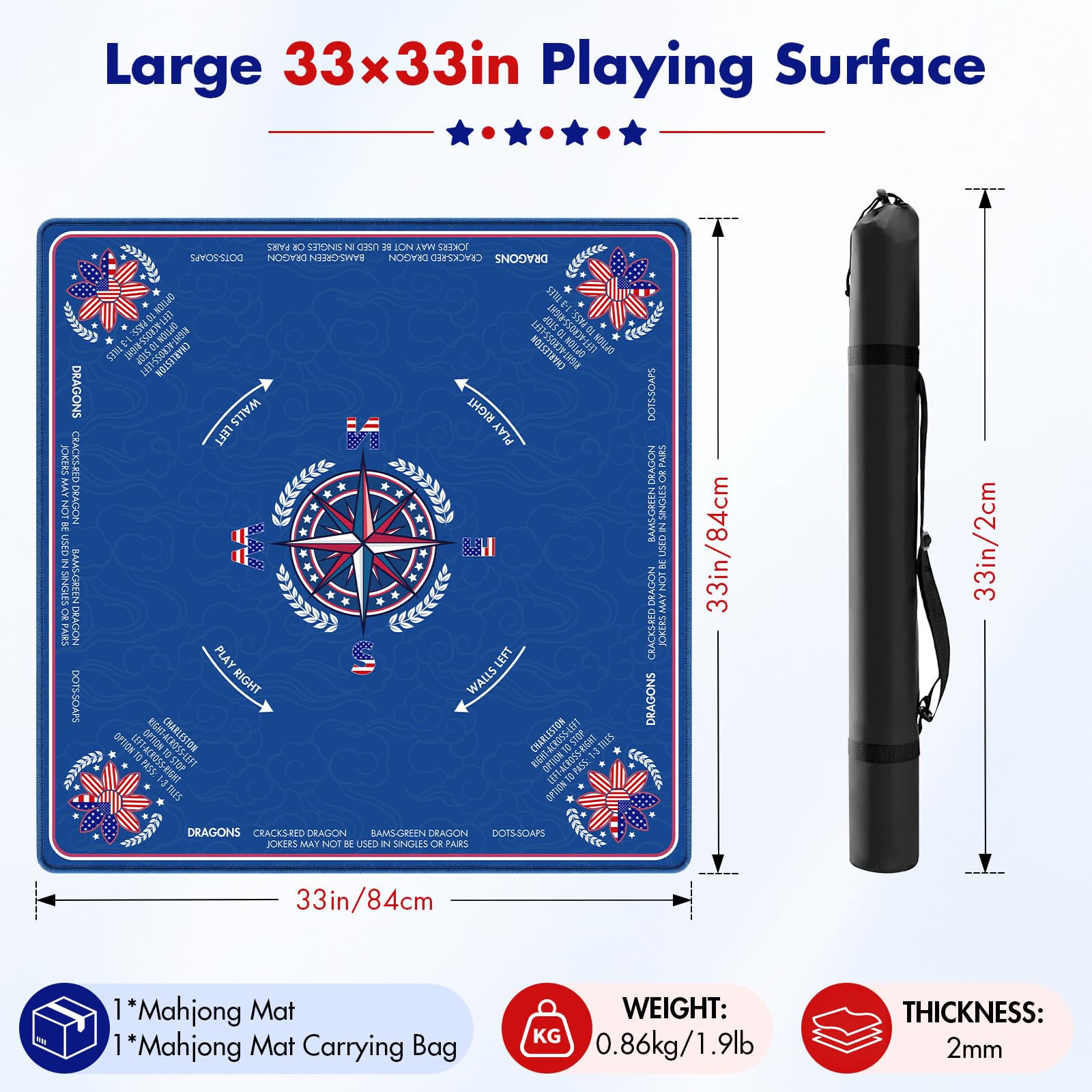 Tapis Mahjong avec règles et thème américain, 83,8 x 83,8 cm, nappe | Tapis de mahjong américain avec sac de transport pour dominos poker et jeux de cartes, tapis de jeu en caoutchouc pour table