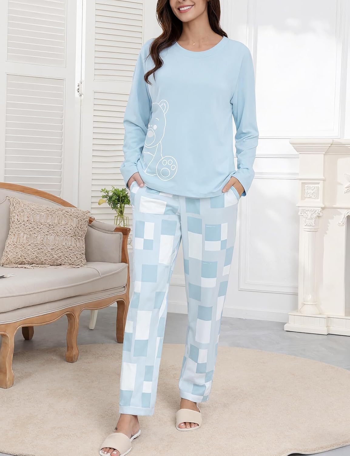 Womens Pajamas Sets Long Sleeve Lounge Sets with Pockets Soft Comfy Pajama Pjs Loungewear Sleepwear 2 Piece - Image 2