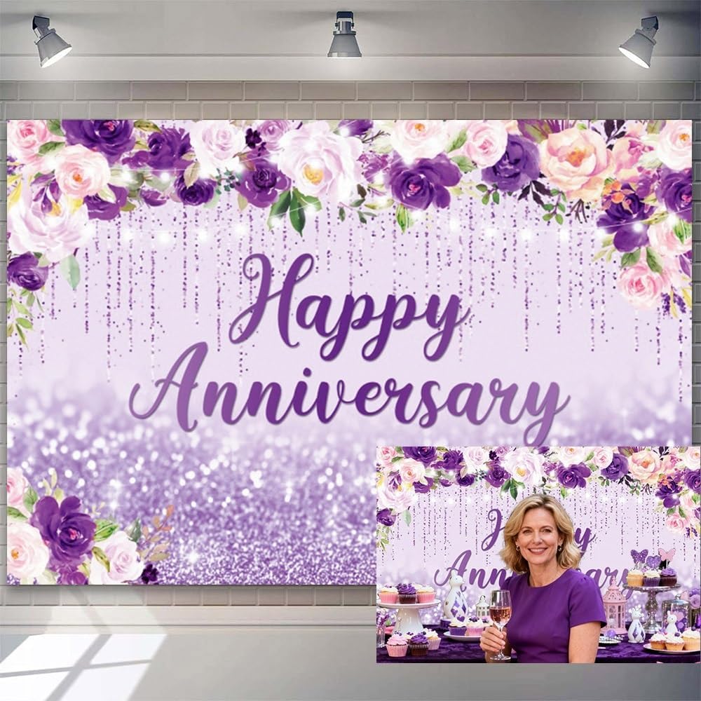 7x5ft Romantic Anniversary Backdrop Gorgeous Violet and Pink Flowers Photography Background for Couples Glitter Happy Anniversary Backdrop Banner Purple Themed Party Decor Womens Photo Booth Props