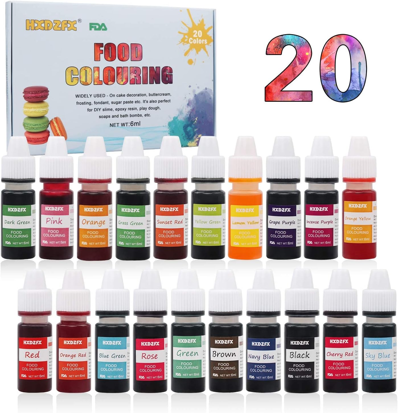 HXDZFX Food Colouring - 20 Colours x 6ml Food Dye Concentrated Liquid ...