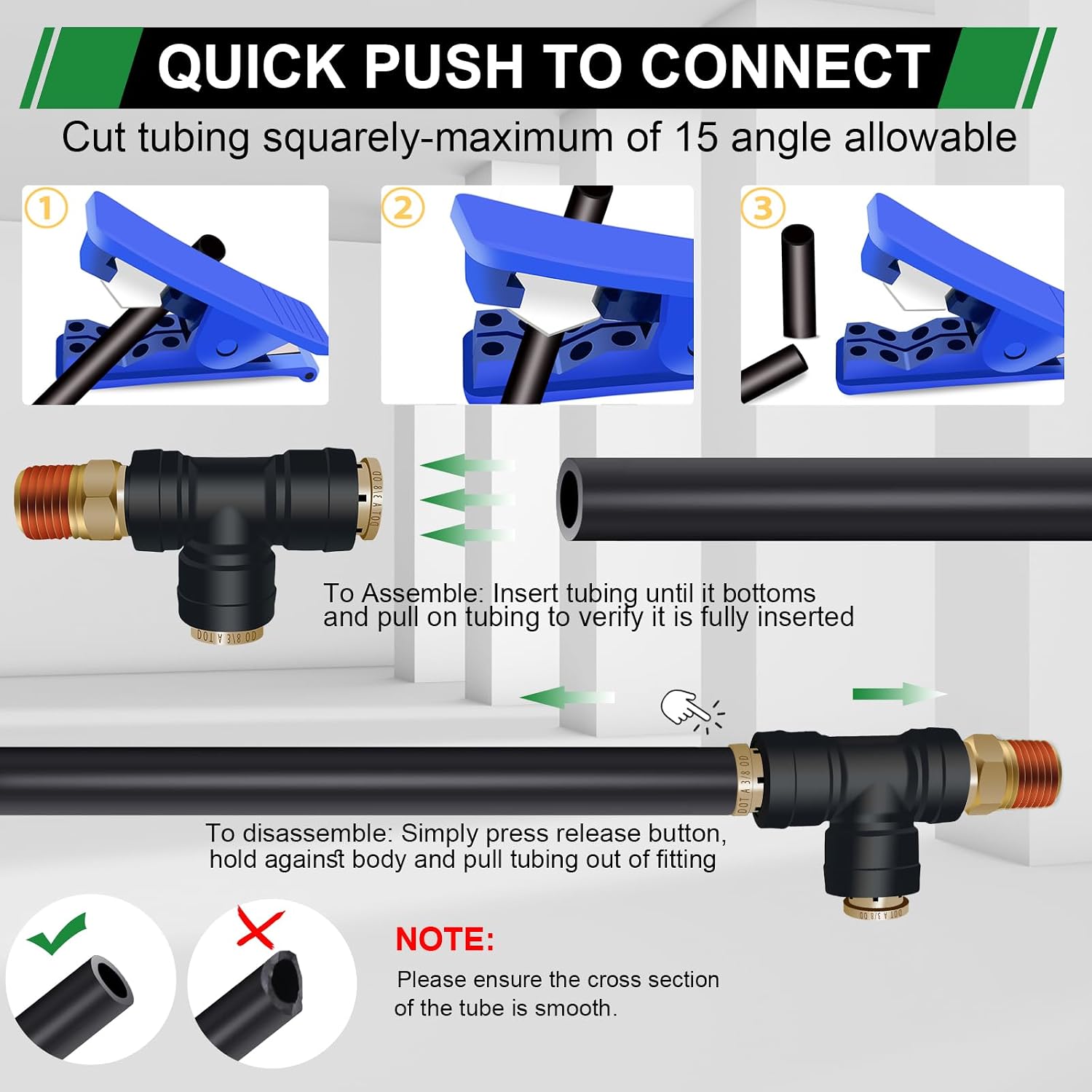 DOT Air Brake Line Tee Fittings 3PCS, 3/8" OD × 1/4" Side NPT