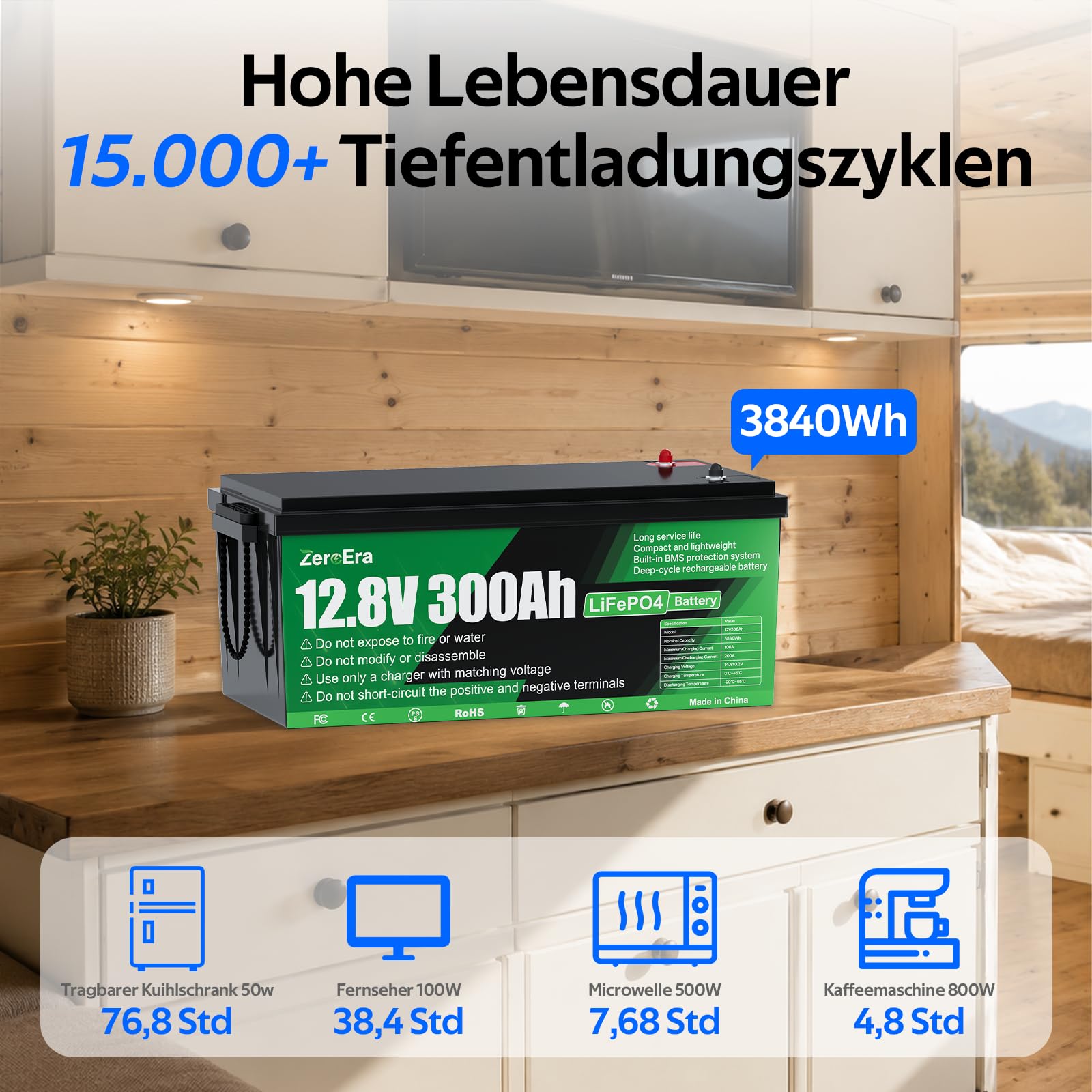 ZeroEra Batería LiFePO4 de 12 V, 300 Ah, 3840 Wh, 200 A BMS de protección contra el frío, 10.000-15000 ciclos, serie paralela, adecuada para almacenamiento de energía en el hogar, almacenamiento solar
