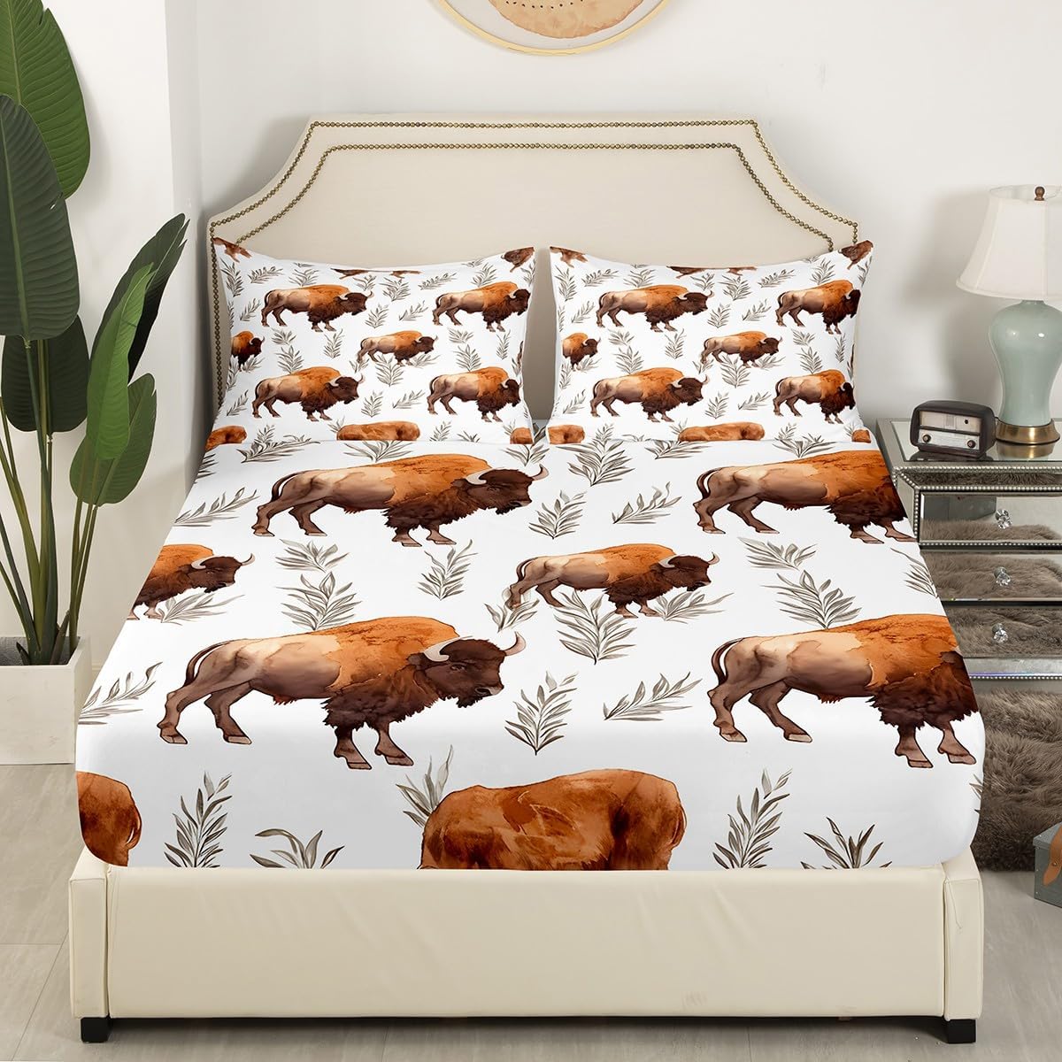 jejeloiu Cute Buffalo Sheet Set Twin Size Wild American Bison Sheets with Deep Pocket Fitted Sheet Adults 3D Wild Animal Wildlife Botanic Bed Sheets Set Brown Bedding Set Room Decor 3Pcs 1 Pillow Case