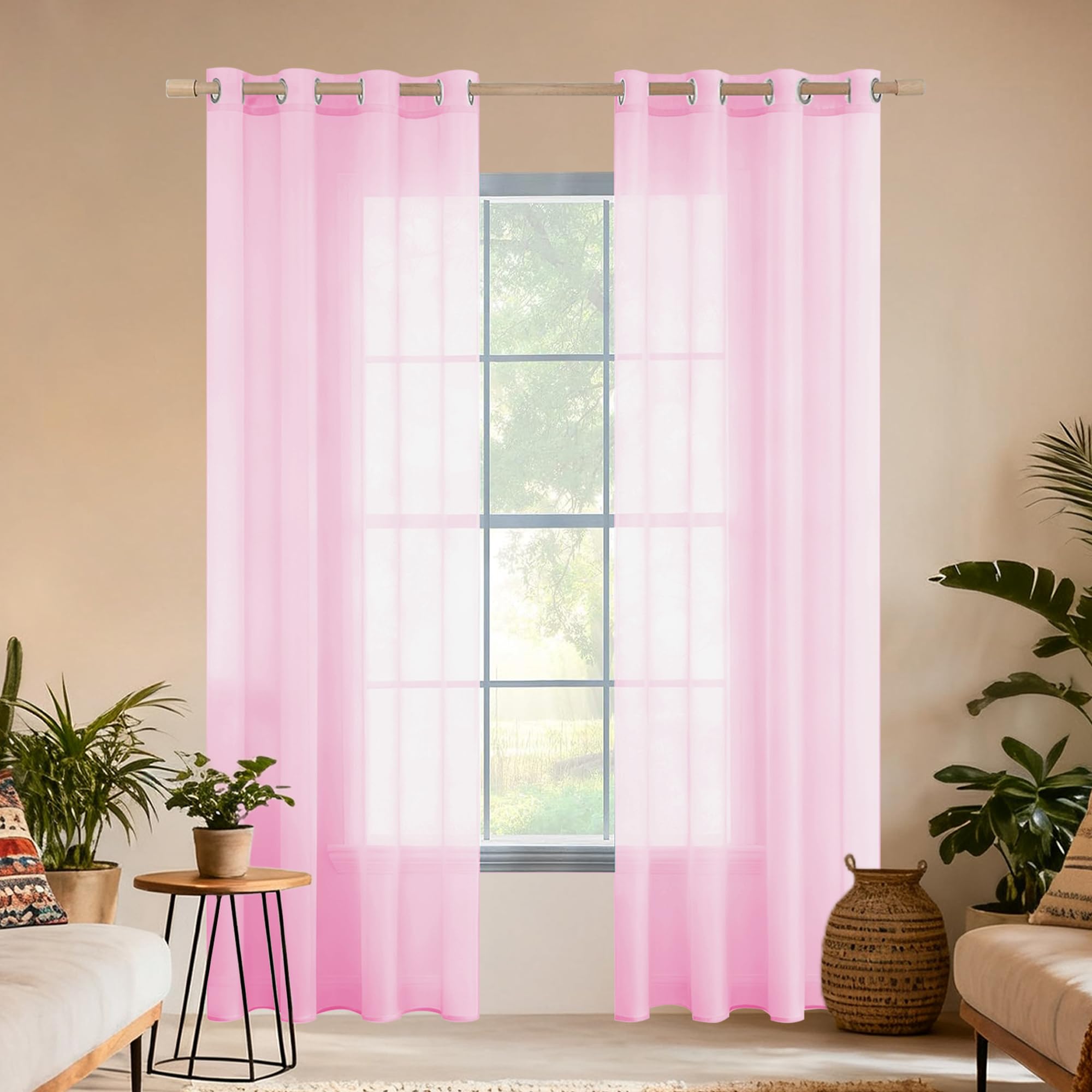 Vorhang Halbtransparent 250 x 270 cm Voile Polyester Transparent Gardinen Ösen Luftig Dekoschal für Wohnzimmer Schlafzimmer Fenster, Rosa