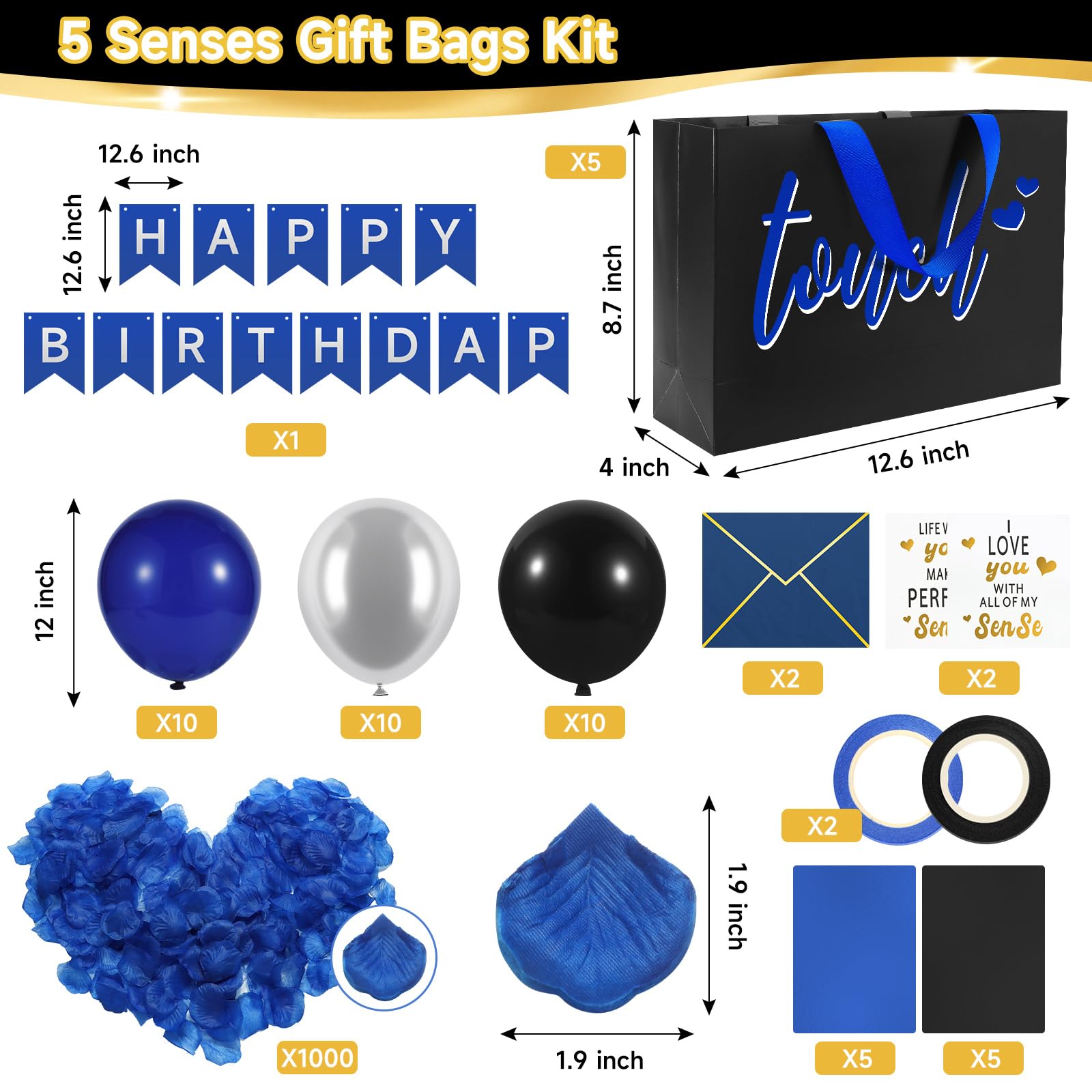 Epoesch 5 Senses Gift Bags for Him with Labels & Tissue Paper | Happy Birthday Decorations Kit with Banner, Balloons, Rose Petals, Envelope, Card for Men, Boyfriend, Husband(Black - Blue lettering)