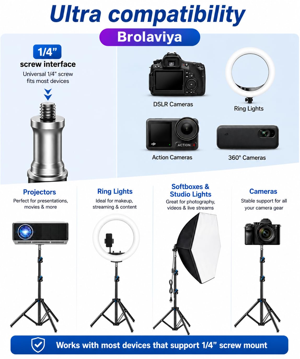 Brolaviya 360-Degree Tripod with Middle Telescopic Crossbar Long arm Stick, 190cm top Height, for Photography & Videography, Ideal for Live Streaming, Overhead Tripod Stand with Mobile Bracket — Amazon image 6