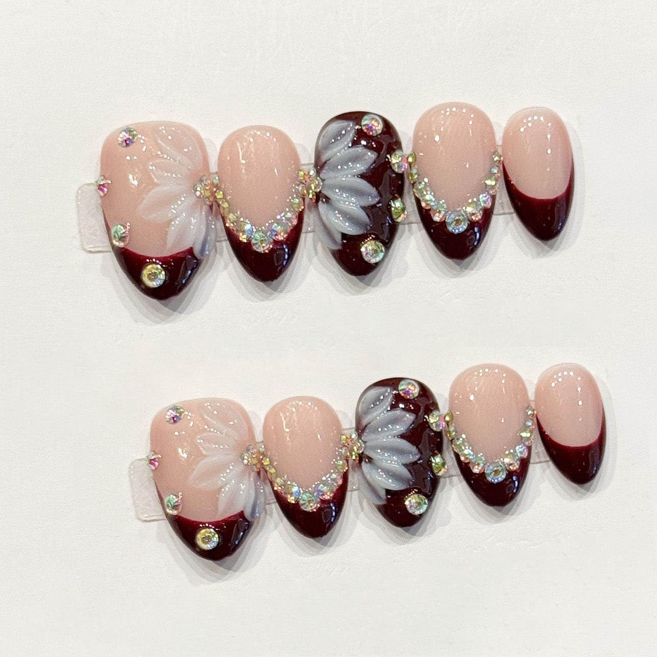 RR04 Short Almond Press On Nails - Elegant Burgundy Design