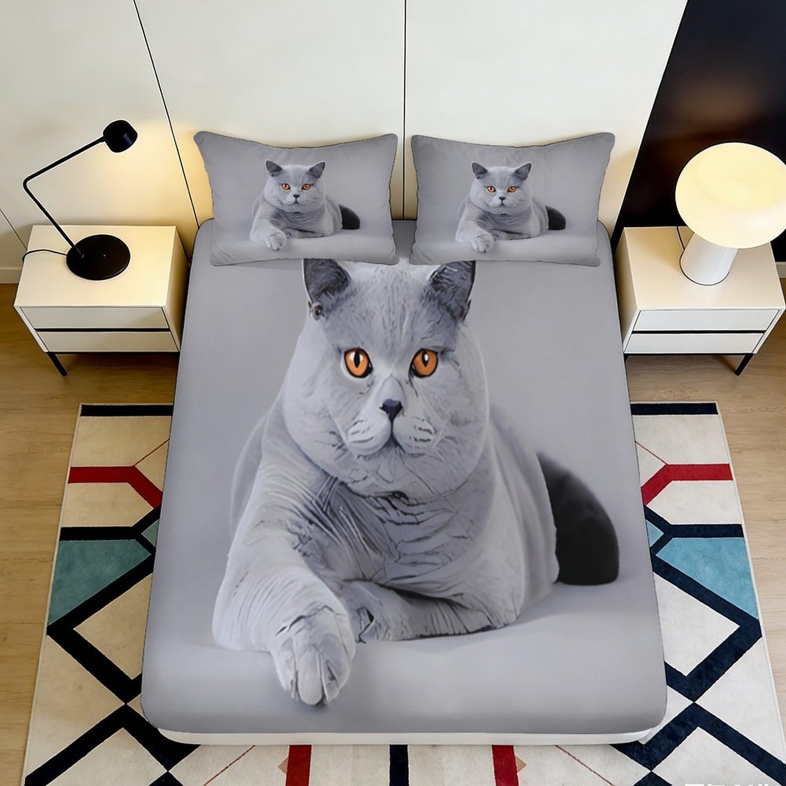 3D Printed Grey Cat Fitted Sheet Microfiber Soft Breathable Orange Eyes Bed Sheet for Bedroom Dormitory Guest Room Mattress Protection Decor 160x200x25cm