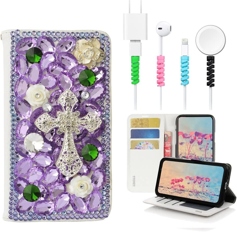 STENES Bling Wallet Case Compatible with Samsung Galaxy J7 (2018) - Stylish - 3D Handmade Rose Butterfly Flowers Design Leather Cover with Cable Protector [4 Pack] - Violet