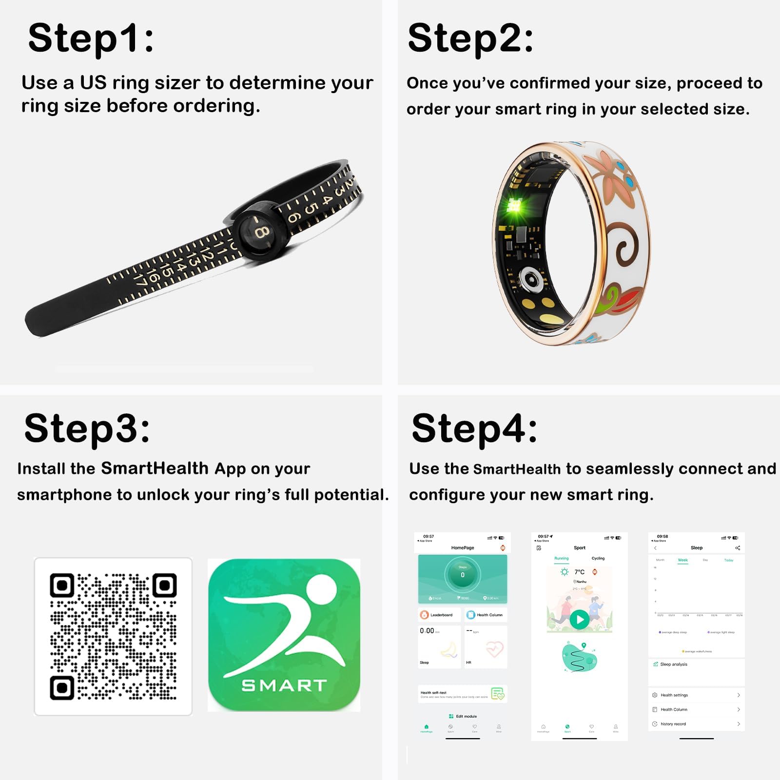 Yihou Anillo inteligente para mujer, anillo de salud con rastreador de fitness esmaltado con monitoreo de frecuencia cardíaca, monitor de sueño, distancia, podómetro, calorías, sin tarifa de