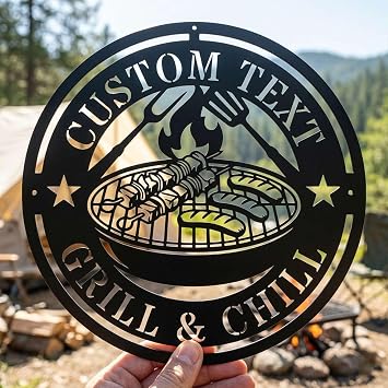 Personalized Grill & Chill Metal Sign - Custom Outdoor Sign for Patio Decor, BBQ Party Decorations, Campfire Accessories, Vintage Metal Signs for Backyard
