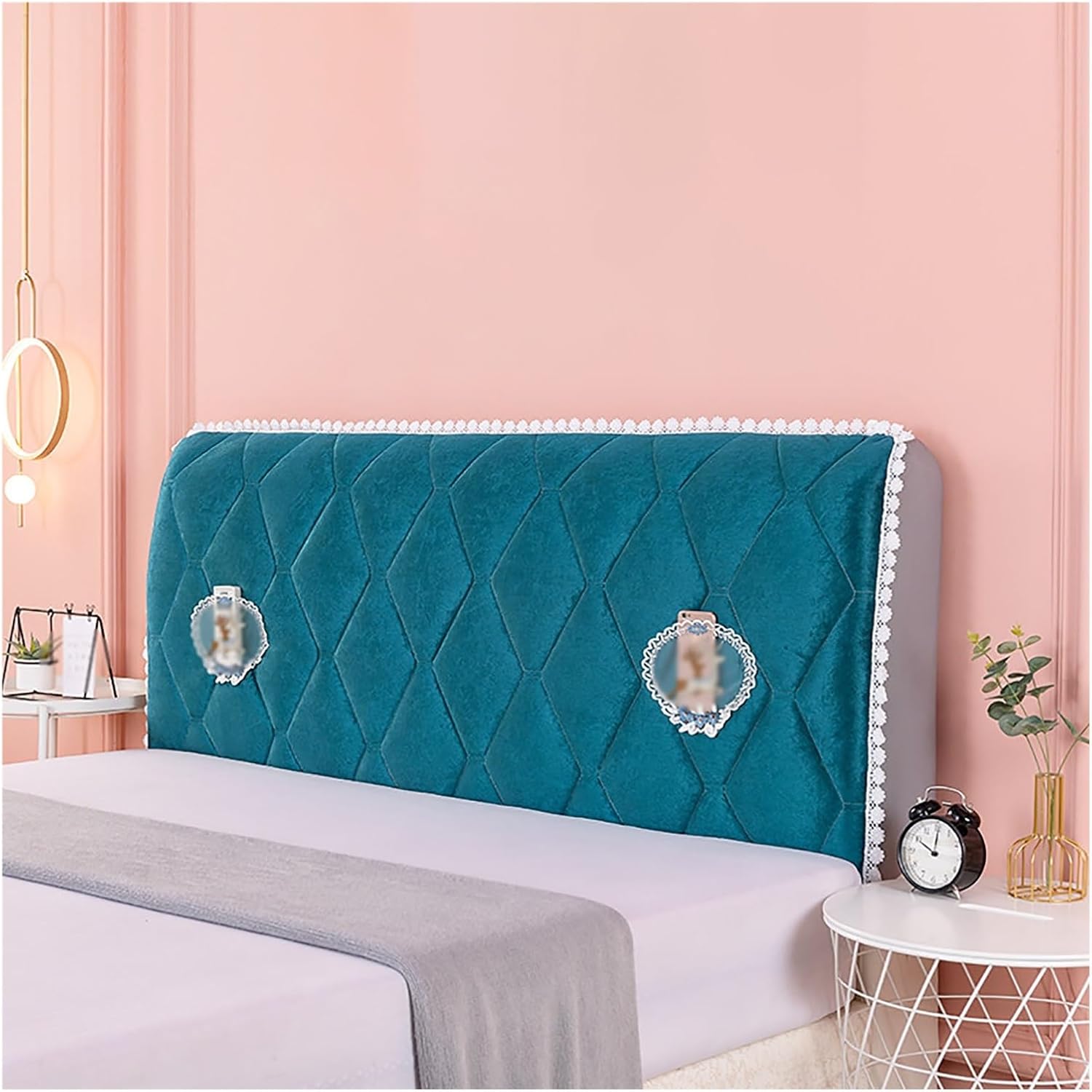 Velvet Headboard Cover,with Lace Storage Bag Design,Washable Dustproof Bed Headboard Slipcover,Quilting Process,for Full Queen Single King Double Backrest Cover(Green,59.1in)