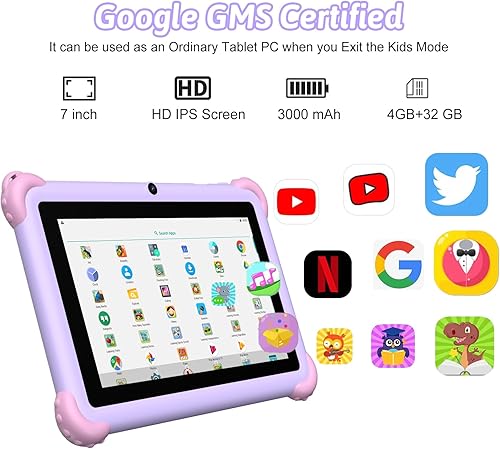 Miniatura 4 de Tablet infantil de 7 pulgadas para niños pequeños, Android 12, 4 GB de RAM, 32 GB de ROM, WiFi, Bluetooth, pantalla IPS de protección ocular segura,