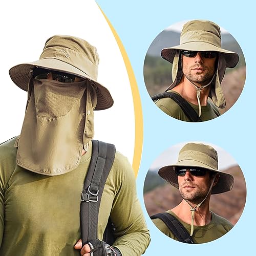 Miniatura 5 de Sombrero de pesca para hombres y mujeres, protección solar UV al aire libre, sombrero de ala ancha con cubierta facial y solapa para el cuello