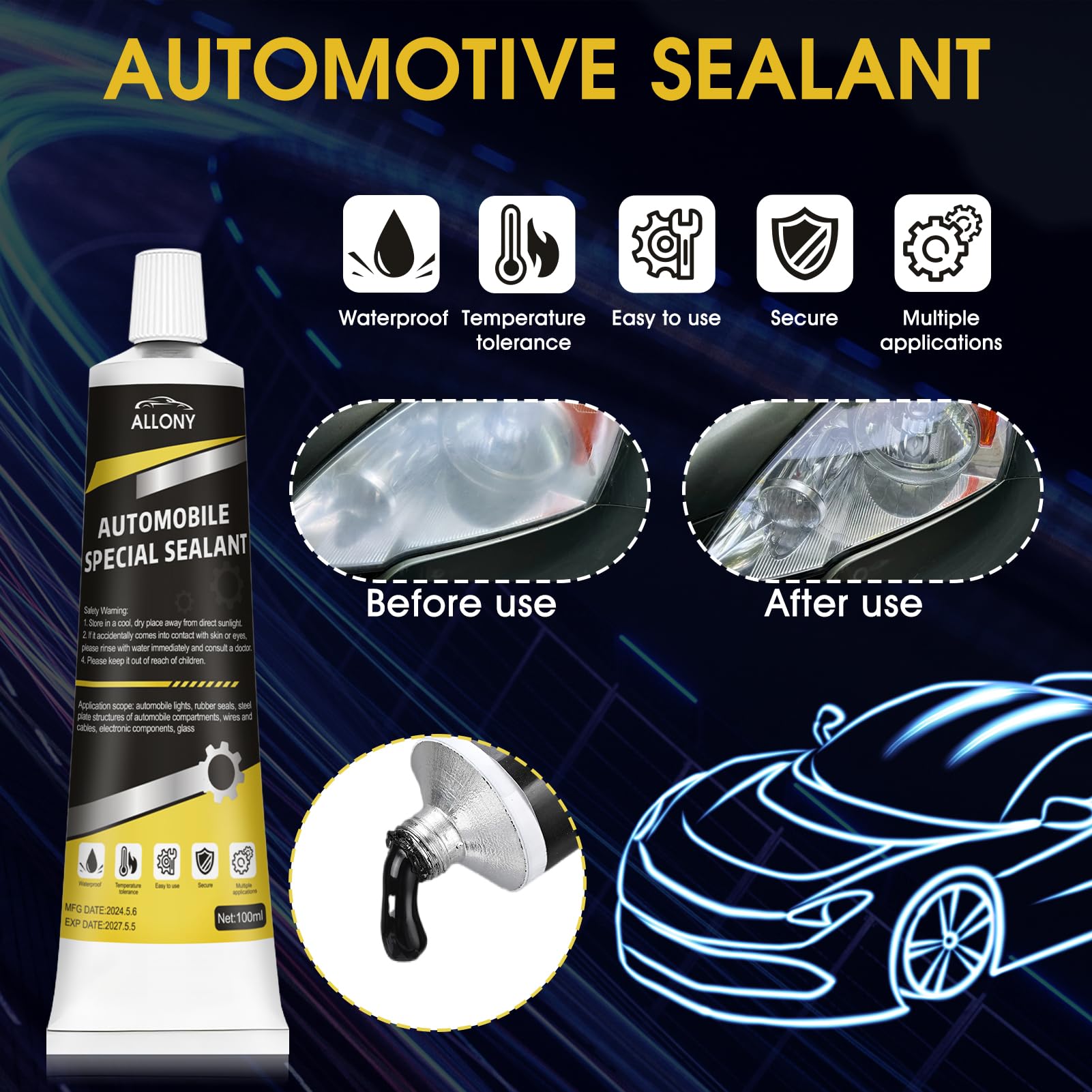 Gubuyi Silicone Nero per Auto, Silicone Nero Alte Temperature,100ml Sigillante Vetri Auto,Gomma Liquida Nera, Sigillare Carrozzerie,Luci per Auto,Tetti, ECC