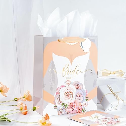 Miniatura 3 de LeZakaa Bolsa de regalo de despedida de novia de 13 pulgadas, bolsa de regalo plateada con papel de seda, etiqueta de regalo y tarjeta, diseño de