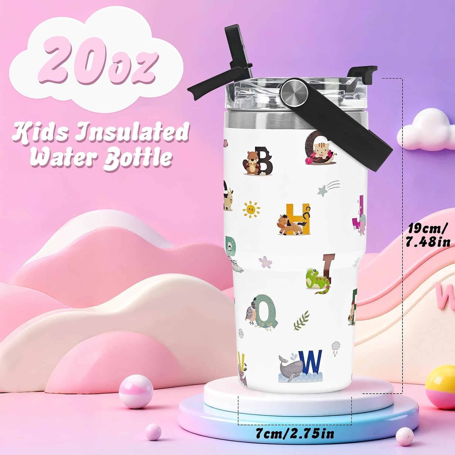 20oz Tumbler with Handle,Letter Stainless Steel Kids Water Bottle image 2