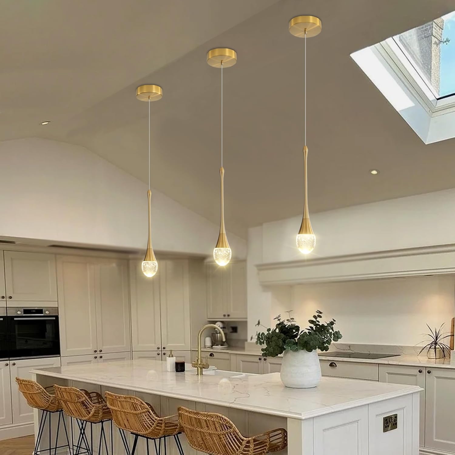 Modern Crystal Pendant Light LED Dimmable Crystal Ceiling Pendant Lighting for Kitchen Island Dining Room Hallway Bedroom (Gold 3 Pack)