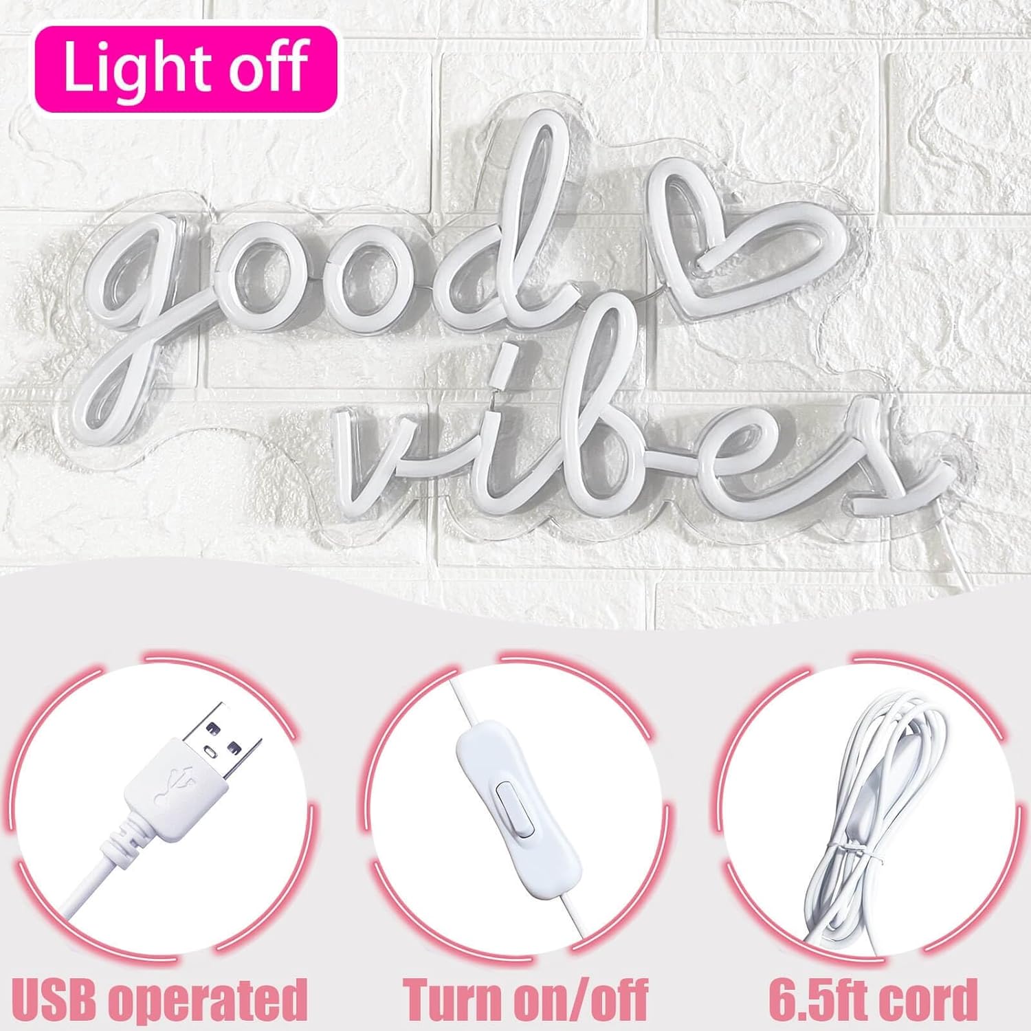 Good Vibes Neon Sign for Wall Decor Neon Lights Sign, 16"x8" Heart and Good Vibes LED Signs for Bedroom Wall, USB Operated Pink Goodvibes LED Neon Lights Signs for Game Room Christmas Decor - Image 5