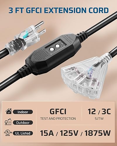 Vista 2 de DEWENWILS Cable de extensión GFCI para exteriores de 3 pies, cable de extensión de calibre 12/3 para múltiples electrodomésticos, cable de Negro