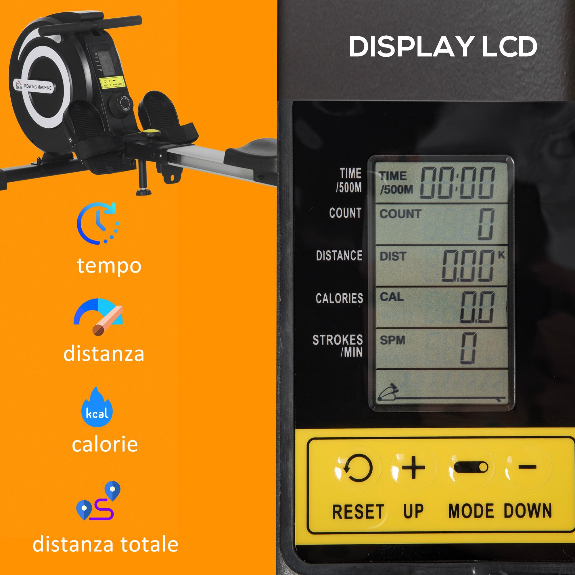 HOMCOM Máquina de Remo Plegable Remo para Casa con 8 Niveles de Resistencia Magnética Volante de 4kg Monitor LCD Silencioso Carga 120kg para Fitness Entrenamiento Hogar 185x58x57 cm Negro y Plata
