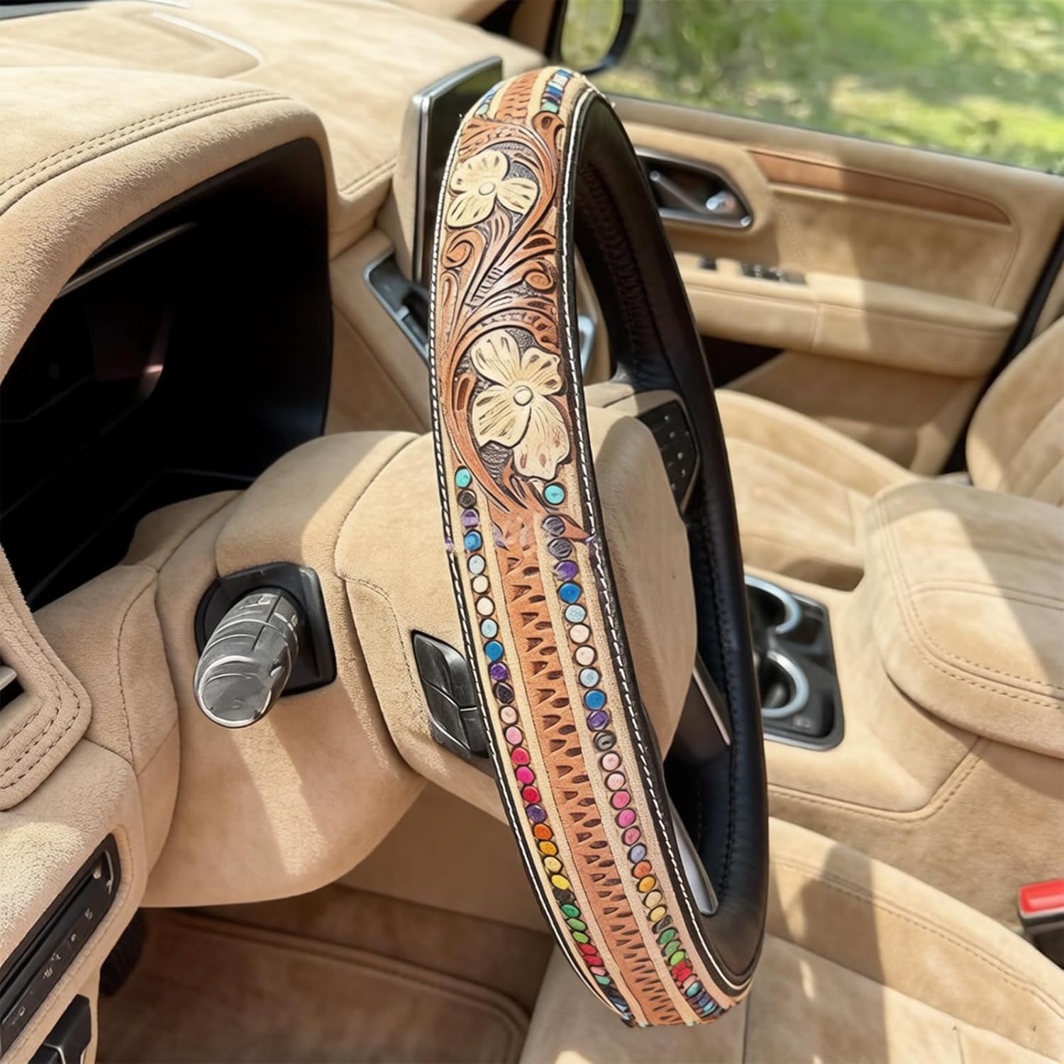Western Steering Wheel Cover, Tooled Hand-Painted Design, Anti-Slip Universal Fit For Suvs/Trucks, All-Weather Breathable Car Interior Accessory - Universal 15 Inch (C-3)