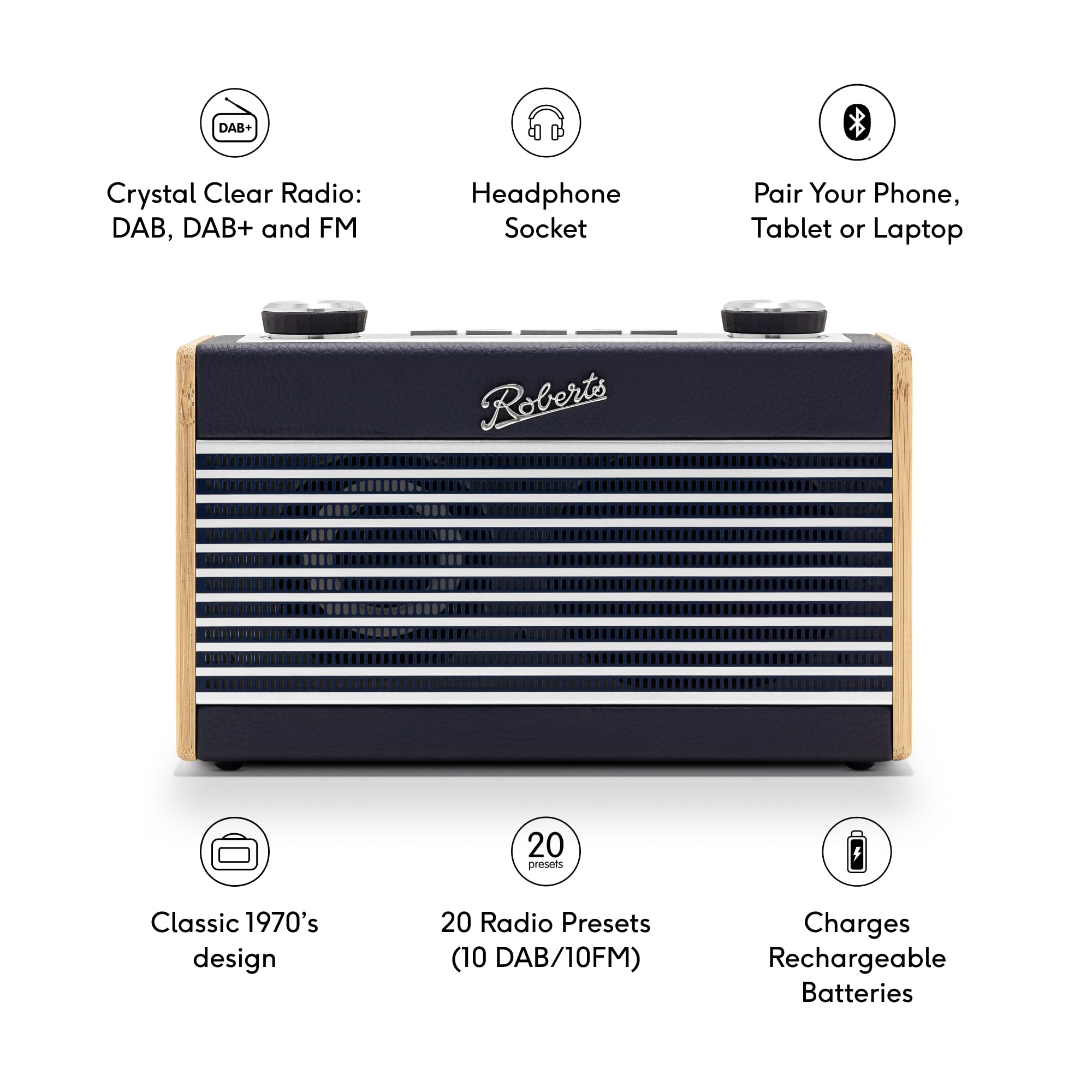 Roberts Rambler UNO - Radio Digital FM/Dab/Dab+ con Bluetooth, Color Azul Marino