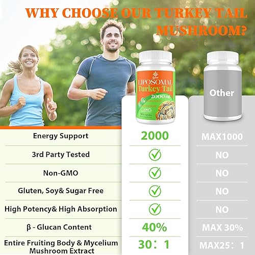 Miniatura 4 de Cápsulas liposomales de hongo cola de pavo, extracto orgánico de hongo de cola de pavo de alta absorción, 2000 mg Cuerpo fructífero 30:1