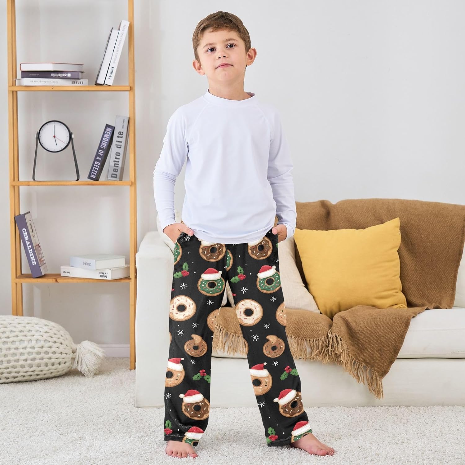 visesunny Cute Christmas Doughnut Santa Hat Boys Pants for Kids Fleece Bottoms Long Jogger Pants Trousers Pockets Size 6-14Y