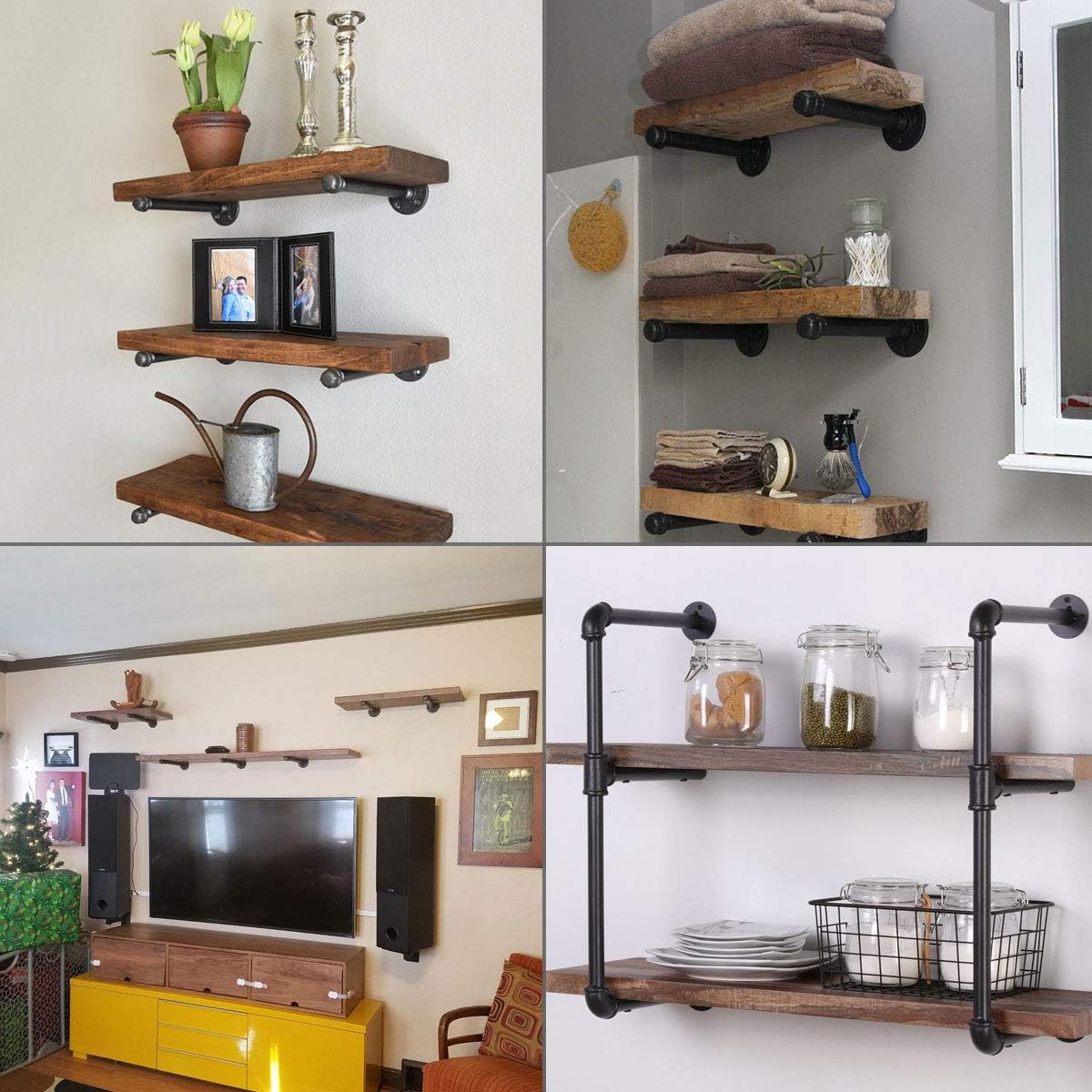 Industrial Pipe Shelf Brackets 12 inch Black Iron Rustic Brackets for Shelves, Vintage Furniture Decor, Wall Mounted DIY Shelving Brackets, Garment Rack Hardware, Clothing Rack Set of 4