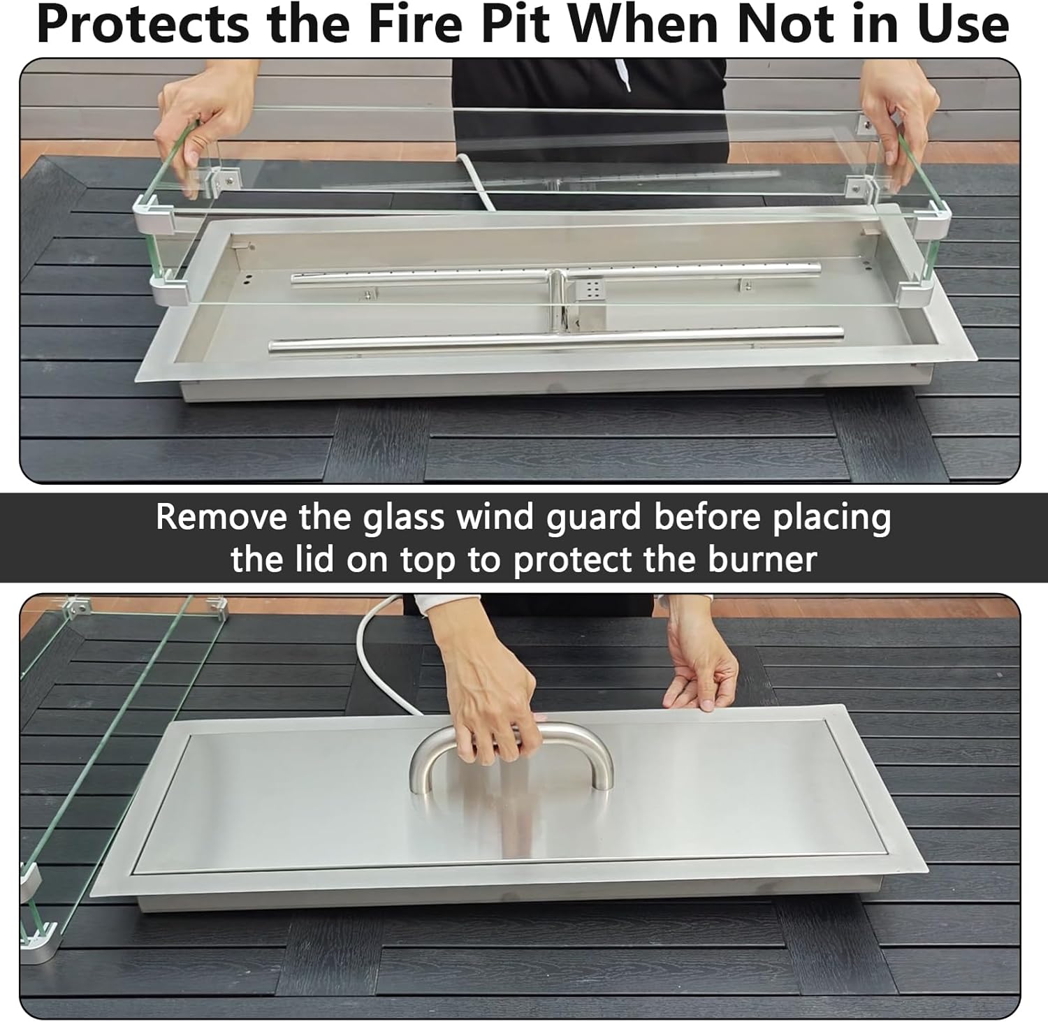 Hisencn 30 x 10 Inch Drop-in Fire Pit Kit, Premium Stainless Steel Modern Fire Trough with Tempered Glass Wind Guard, Built-in Outdoor Table Flame Feature for Patio, Backyard & Entertaining