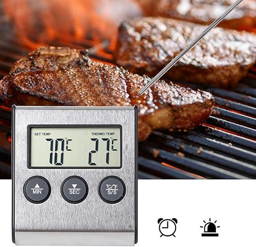 Miniatura 2 de Termómetro digital de carne para cocinar y asar, termómetro de alimentos con pantalla LCD y temporizador, sonda de temperatura de acero inoxidable,