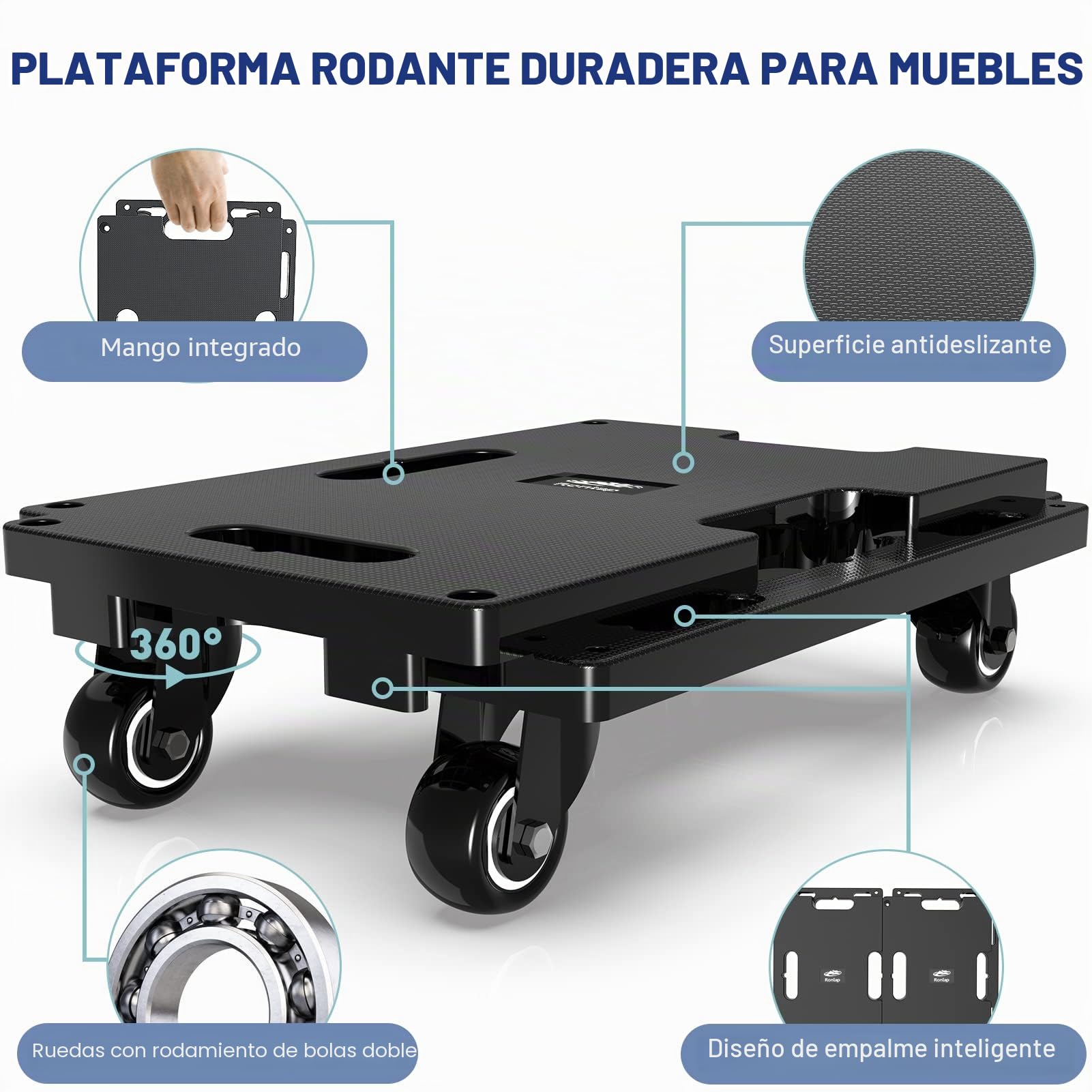 Ronlap Muebles móviles para Muebles, mudanzas de Muebles con Ruedas, Rodillos móviles portátiles para Muebles Pesados, pequeñas y Planas con 8 Cuerdas, Capacidad de 800 KG, Paquete de 4, Negro