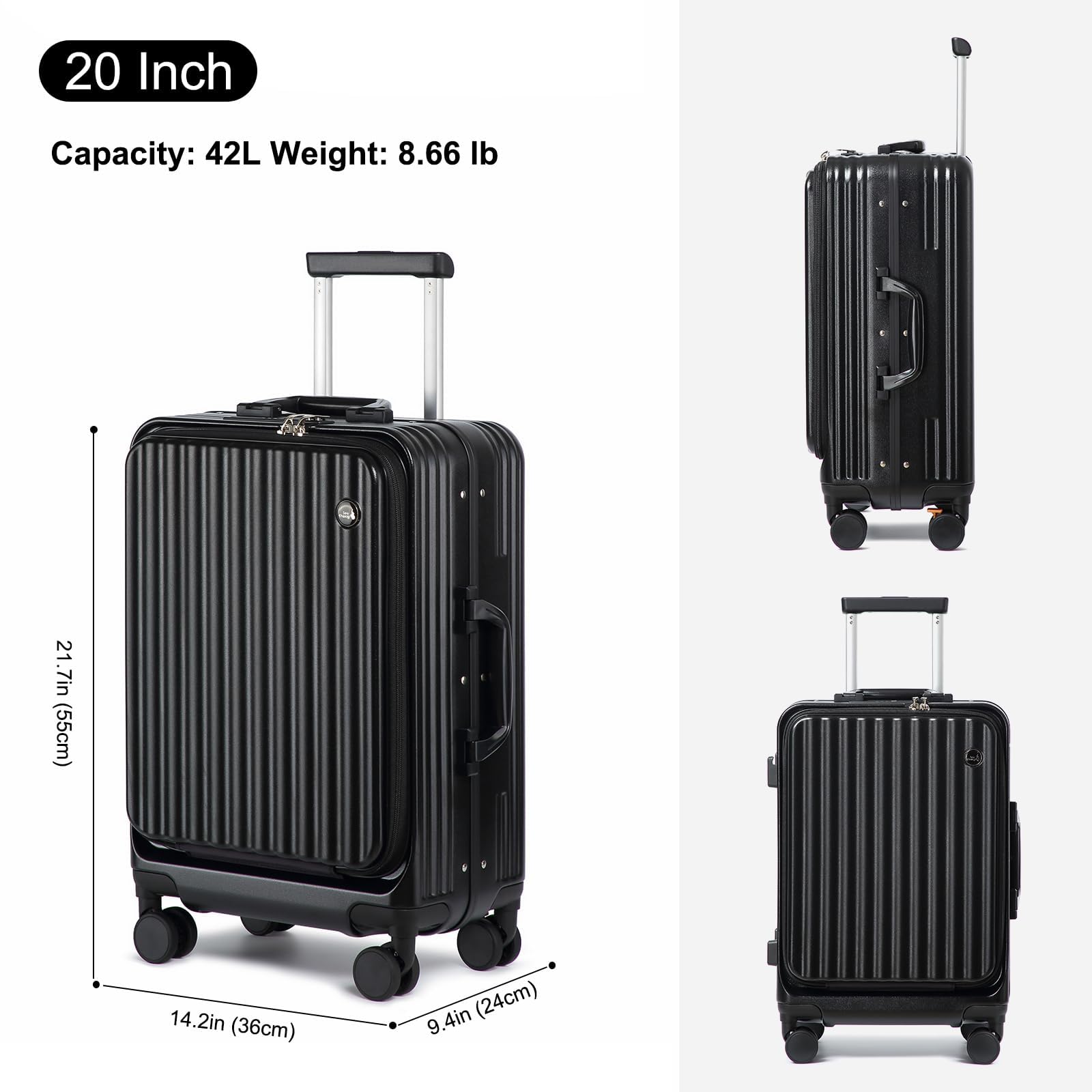 Sea choice Valigia Bagaglio a Mano con Tasca Frontale per Laptop 20" PC Valigia Trolley Porta con USB, 4 Rotelle con lucchetto TSA, Porta bicchieri
