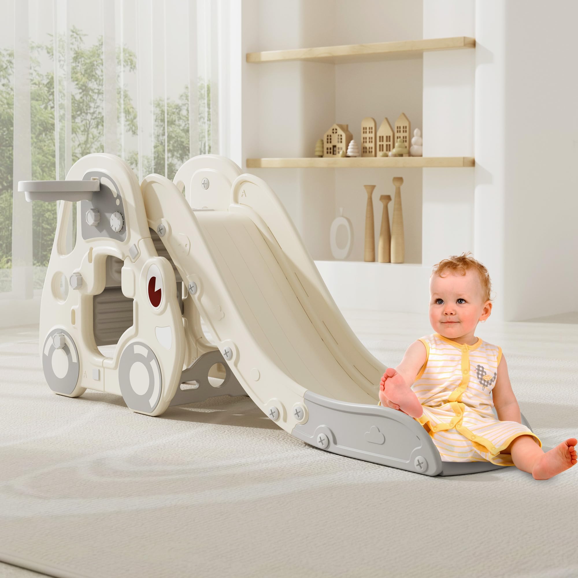 Toddler Slide Indoor for Kids - Kart Car Freestanding Baby Play Slide With Basketball Hoop, Ball, and Stair Playset Playground