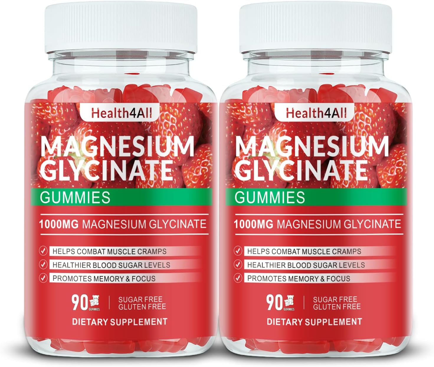 Magnesium Glycinate Gummies 1000mg, High Absorption Sugar Free Magnesium Potassium Supplement for Relaxation, Stress Relief, and Sleep Support for Adults & Kids - 180 Strawberry Gummies