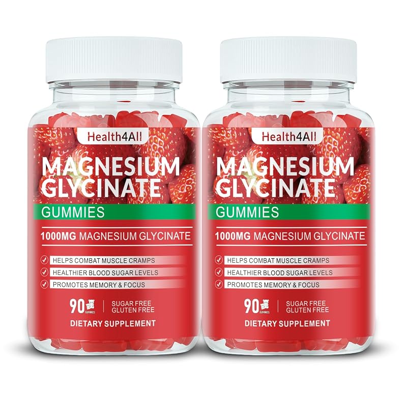 Health4All Suplemento de Magnésio em Gomas de Glicinato de Magnésio 1000 mg, sabor morango, 180 gomas