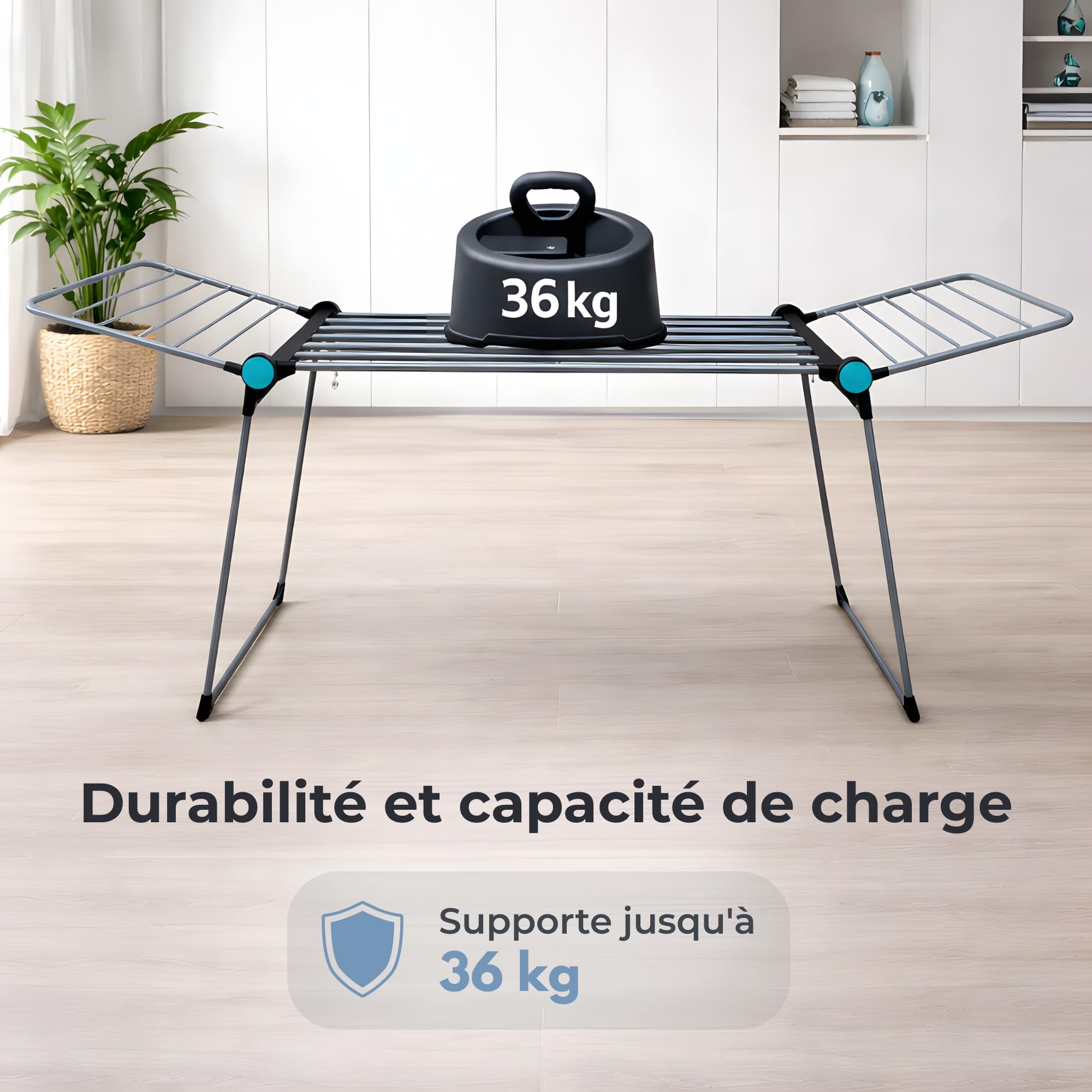MELTA.® Dynamik 25 – Étendoir à Linge Extensible avec Partie Centrale Télescopique, 25 m de Séchage, Ailes Hautes, Structure Stable en Acier, avec roulettes, Gris et Vert