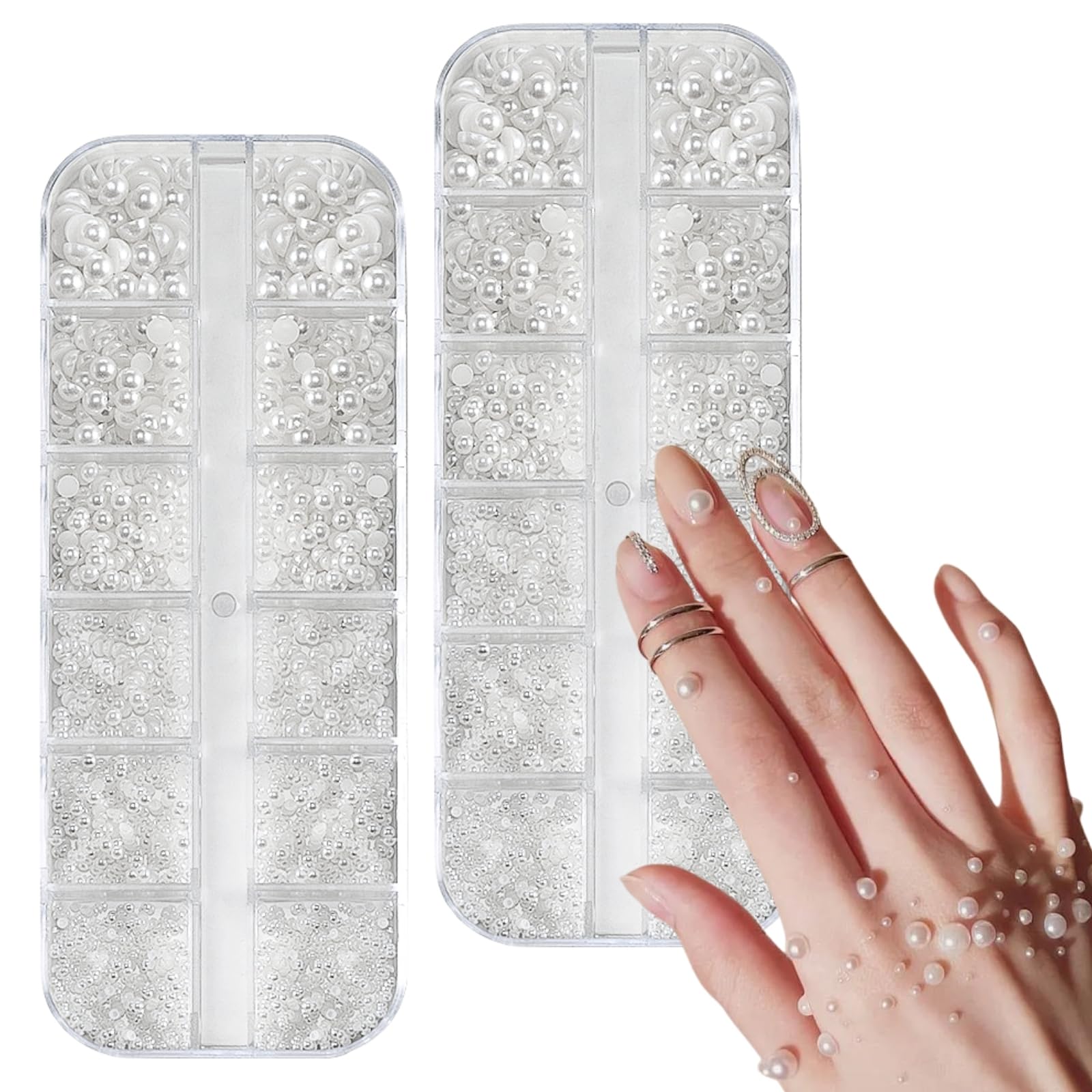 12 Tailles Perles Nail Art, Perles Plates, 2 Boîtes Perles Ongles Demi-Rondes, Deco Ongle Nail Art et Bijoux Ongles Nail Art pour Design Nail Art, DIY (2 Boîtes)