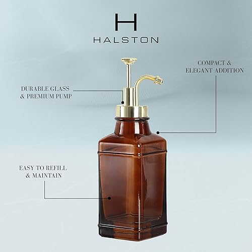 Miniatura 2 de Dispensador de jabón de vidrio ámbar con dispensador de bomba de oro cepillado, bomba recargable moderna para baño, cocina u oficina, elegante pieza
