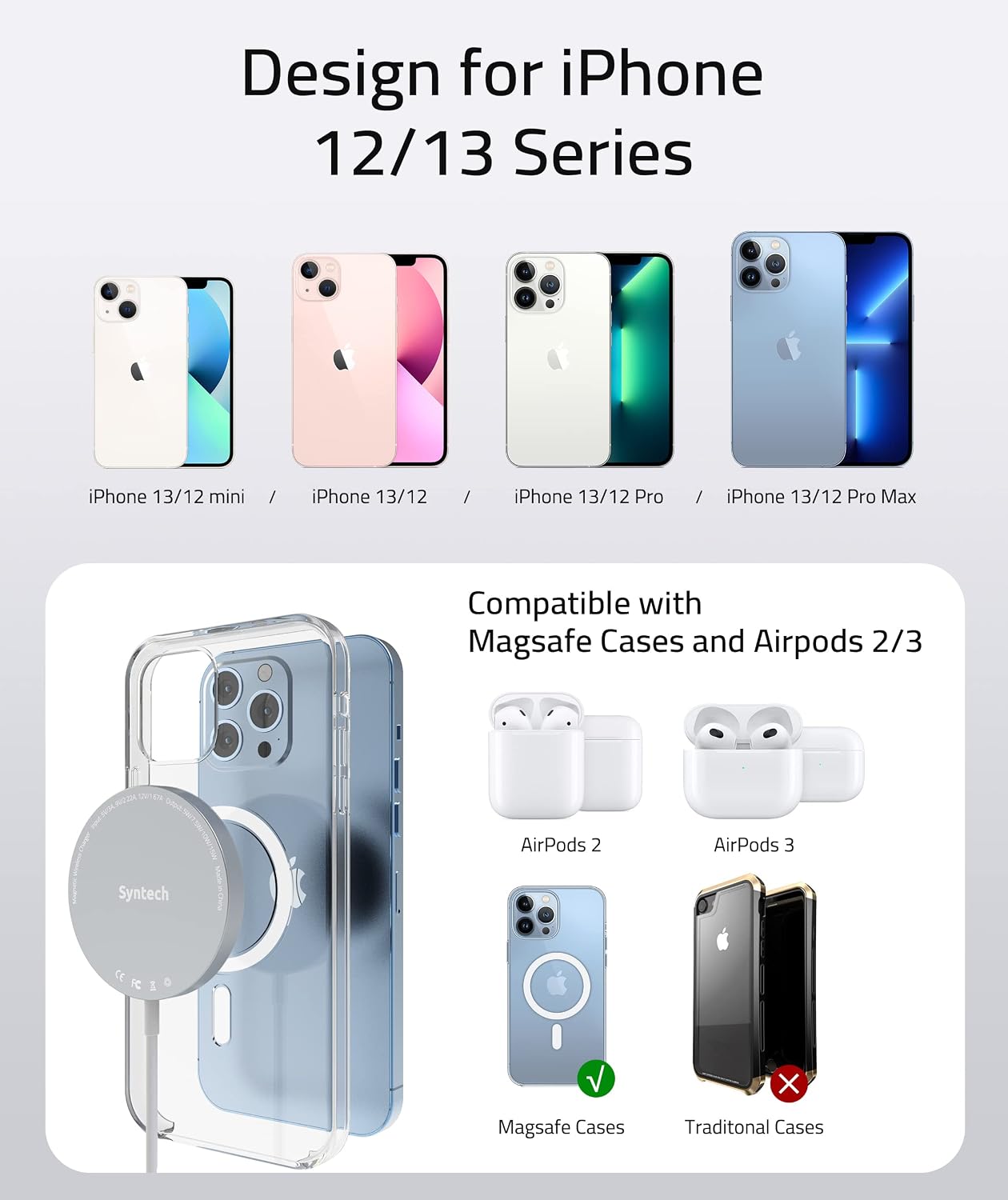 Magnetic Wireless Charger, Syntech Fast Wireless Charging Pad Compatible with MagSafe Charger, iPhone 13/12/Pro/Max/Mini, Airpods 2/3, 4ft/1.2m USB C Cable and Extra USB A Adapter (No AC Adapter)