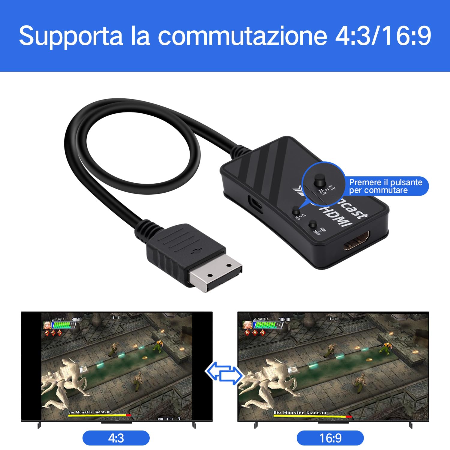 Mcbazel Adattatore HDTV HDMI per Dreamcast, Dreamcast a HDMI Adattatore Convertitore Supporto Del Rapporto Schermo 4:3/16:9, Risoluzione 720p o 1080p