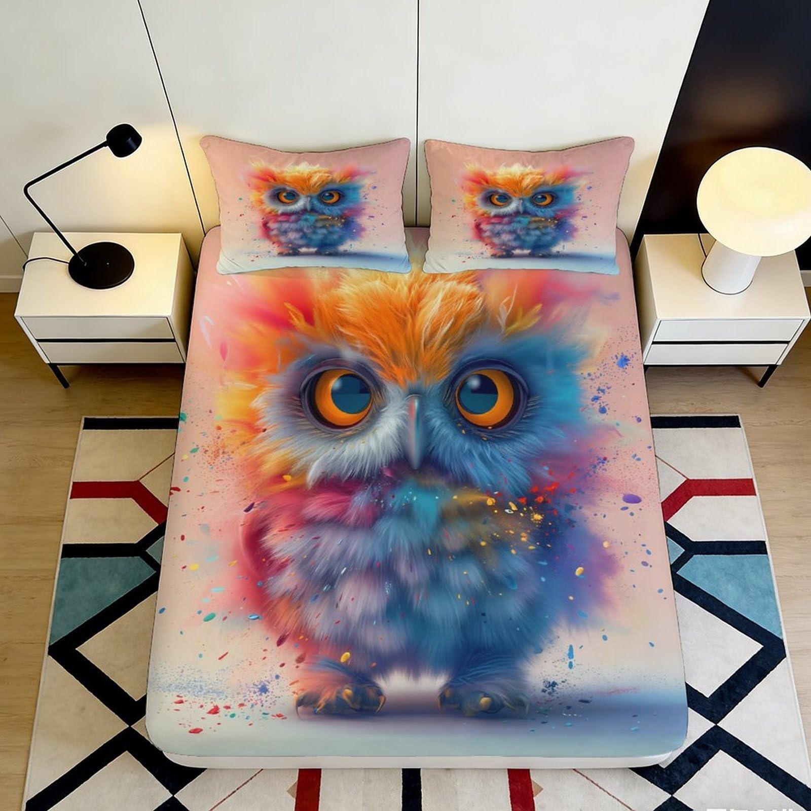 Jqzkxnhpbr Style-8 3D Printed Colorful Owl Fitted Sheet Microfiber Soft Washable Watercolor Art Mattress Cover For Bedroom Dorm Decor 90X200x25cm