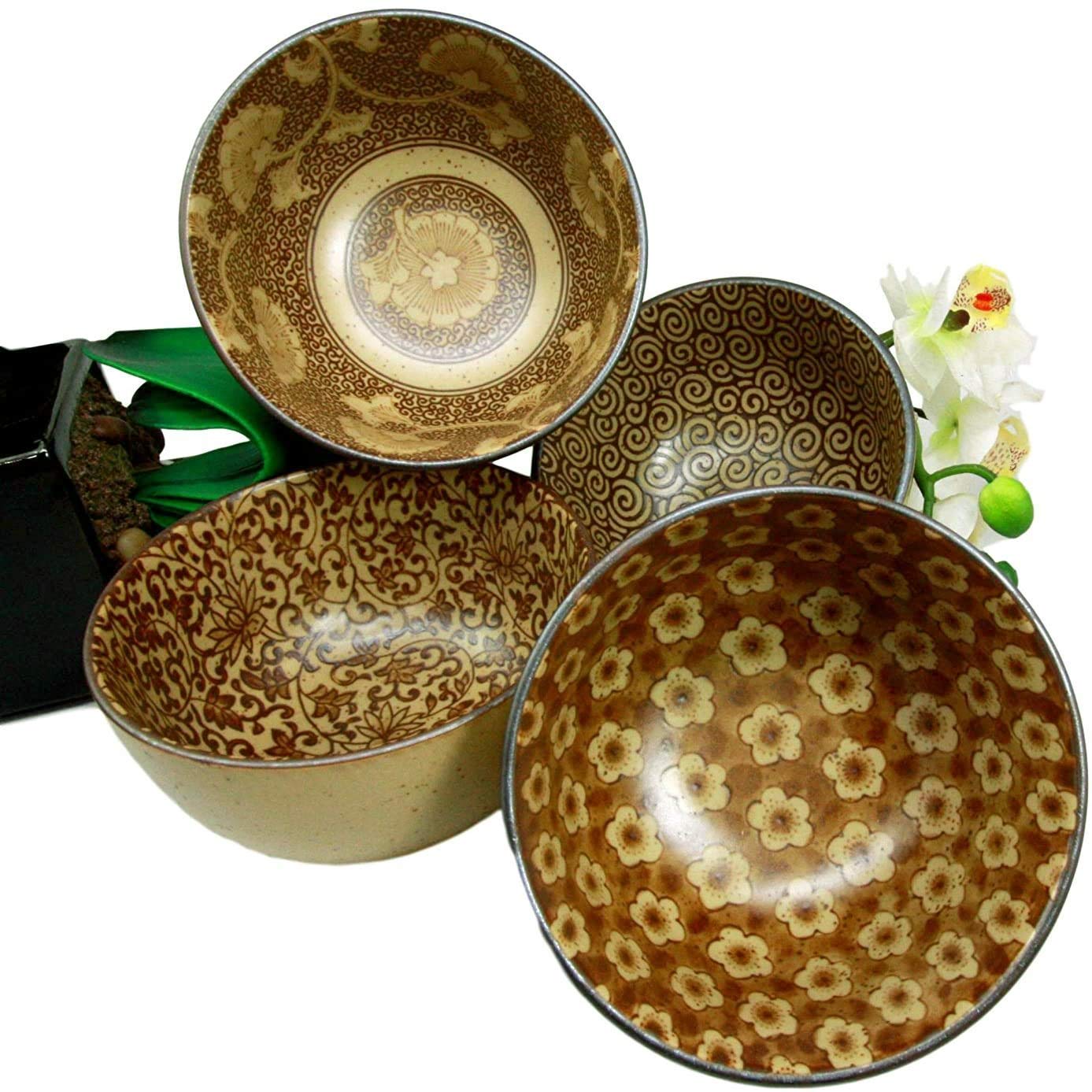 Ebros Gift Made in Japan Neutral Tan Floral Lace And Ocean Swirls Ochawan Rice Soup Salad Porcelain Bowls Set of 4 Home Decor Japanese Zen Fusion Asian Accent Housewarming Birthday Gifts Bowl Set