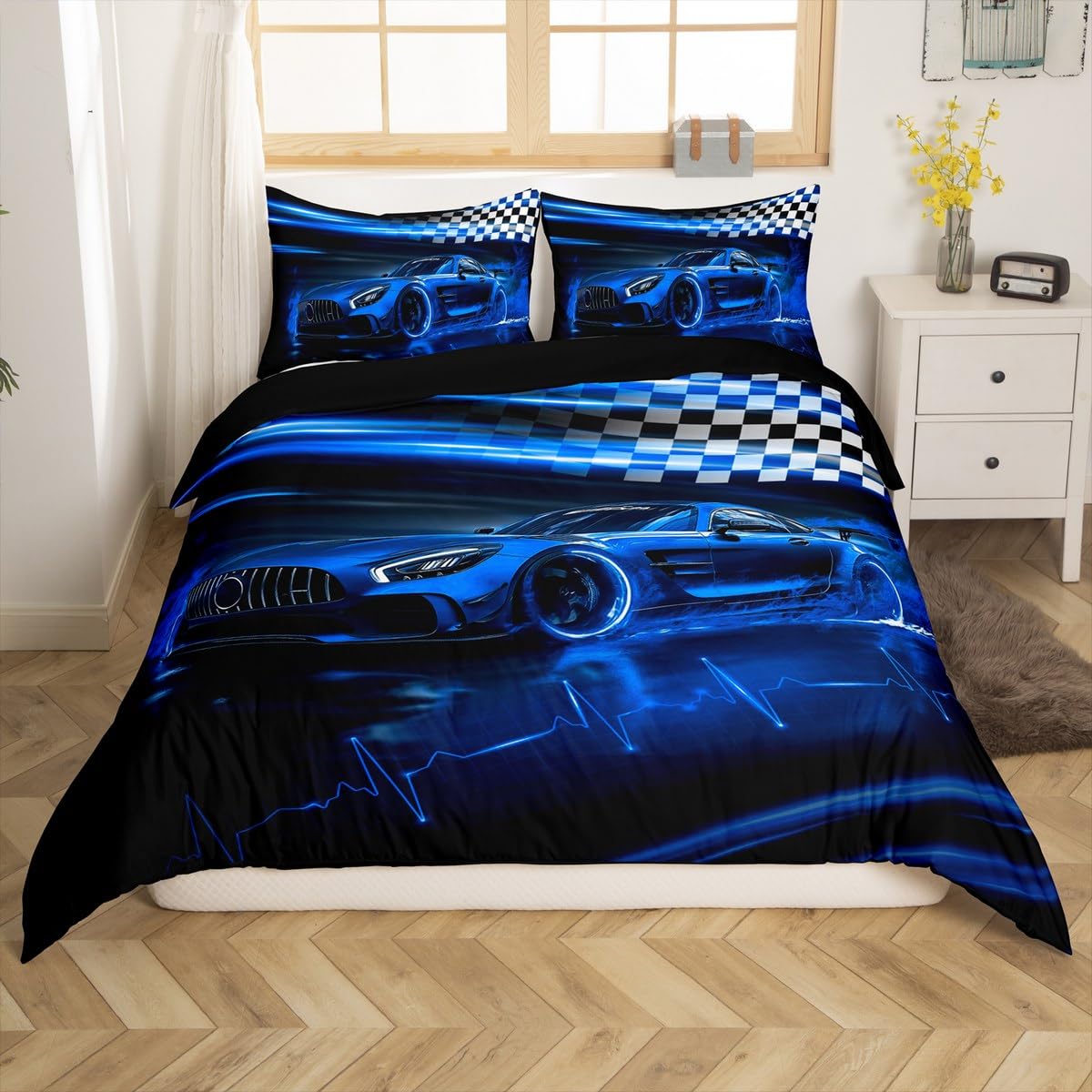 Homemissing Blue Racing Car Duvet Cover Set Cot Size For Kids Boys Teens Black White Flag Honeycomb Bedding Set Fast and Furious Extreme Sports Duvet Cover with 1 Pillowcase
