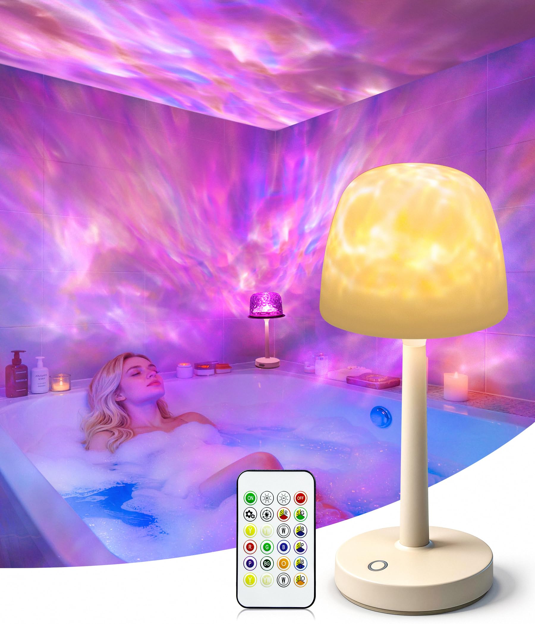 Lampe de Douche Étanche avec Commande Tactile et Télécommande, 16 Couleur | Lampe de Douche Rechargeable avec Effet de Vagues Dynamique & Conception Sans Fil, Lampes de Salle de Bain