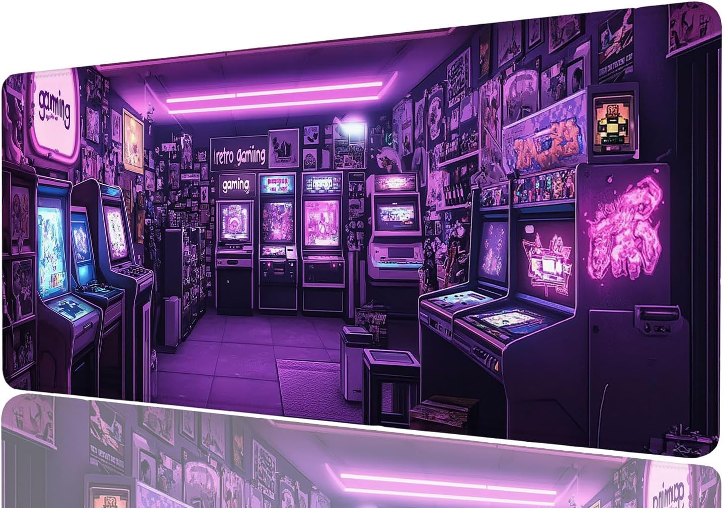 Retro Arcade Desk Mat Neon Gaming Room Purple Light XL Mouse Pad Large Mousepad Extended Laptop Keyboard Mat Gaming Desk Pad Mouse Mat Desktop Accessories for Work & Study 31.5x11.8 Inch